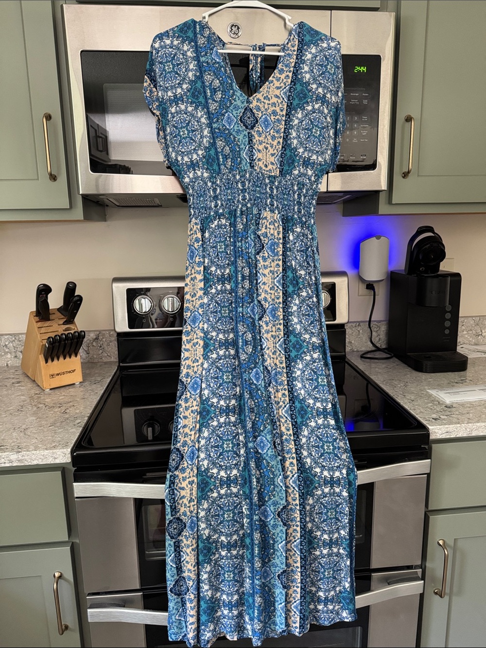 Gypsies & Moondust Blue and Cream Patterned Short-Sleeve Maxi Dress